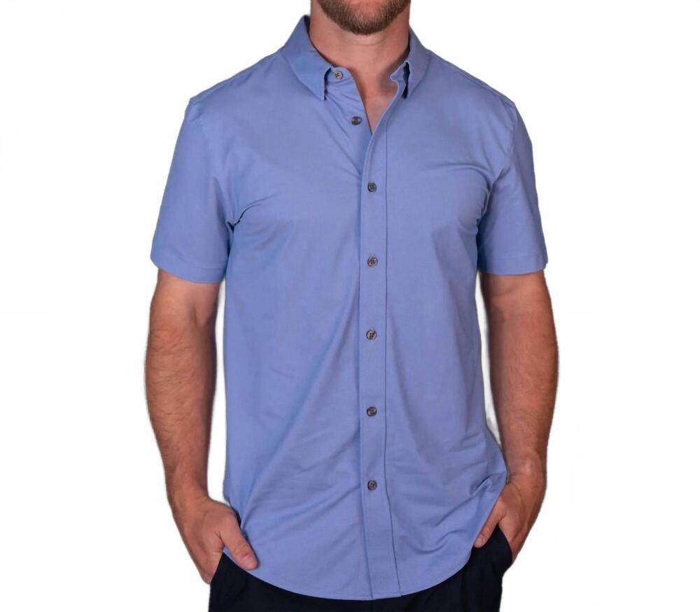 NEW RHONE men's commuter short sleeve shirt in true blue oxford